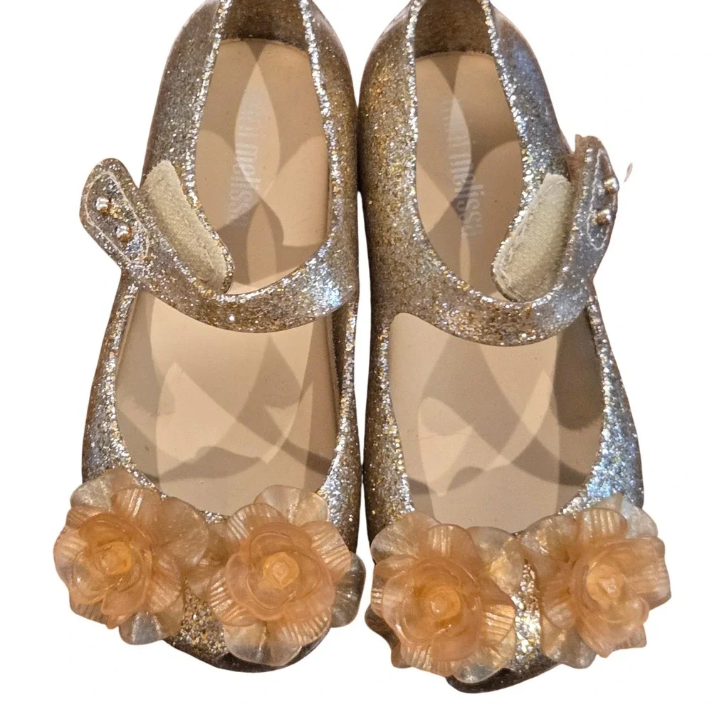 Mini Melissa Toddler Gold Glitter Mary Jane Jelly Shoes Floral Rose Size 6c 22EU